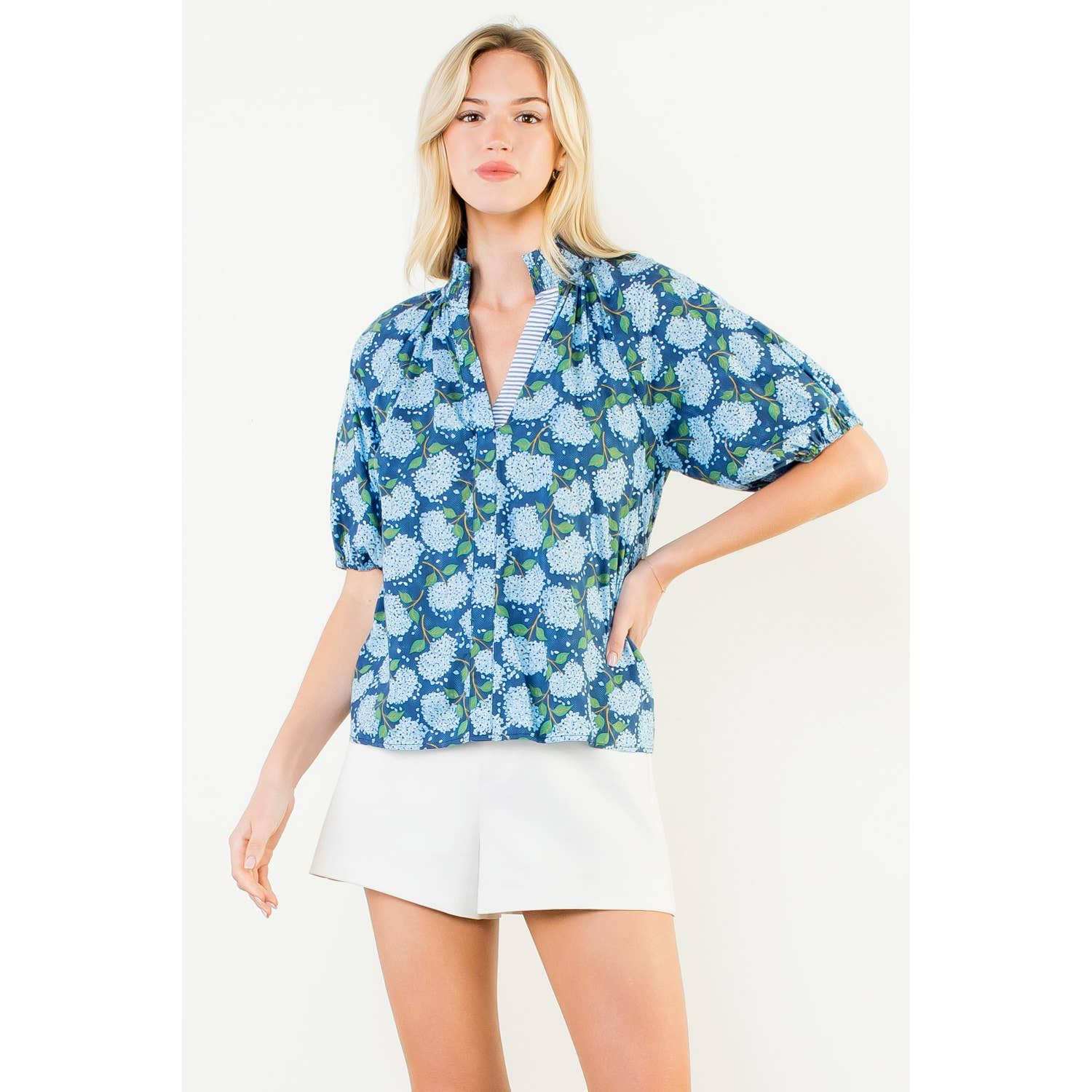 THML Blue Hydrangea Puff Sleeve Flower Print Top | Aine's Boutique