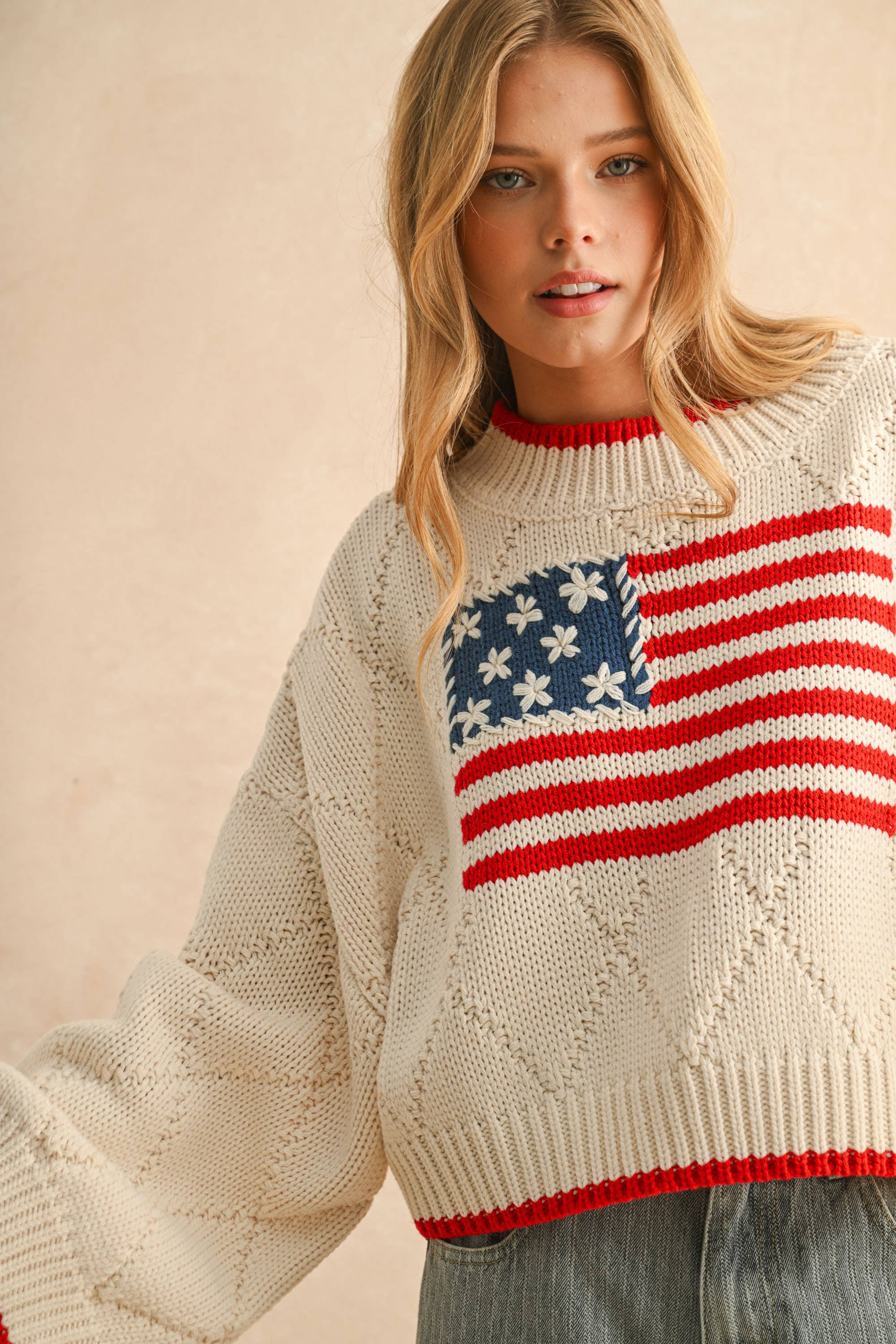Miou Muse Ivory American Flag Sweater | Aine's Boutique