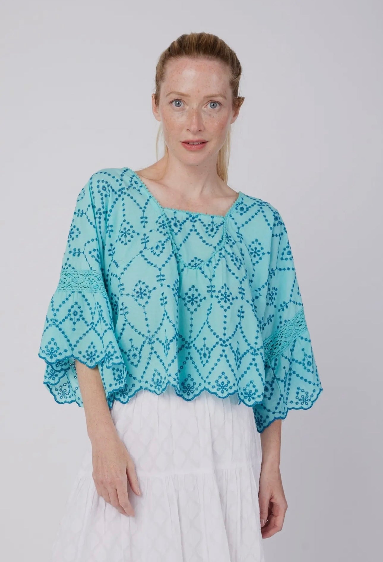 Moda Posa Sandra Turquoise Eyelet Top Aines Boutique 